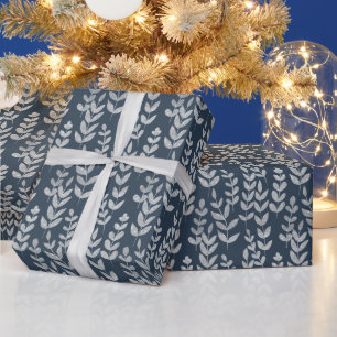 Botanical Silver Leaves Vines Navy Blue Wall Wrapping Paper