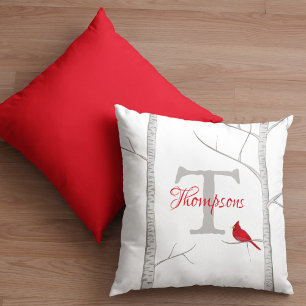 Botanical Simple Monogram Winter Red Cardinal Cushion