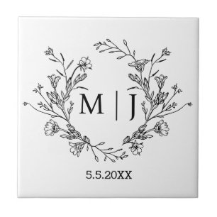 botanical simple typography monogram wedding  ceramic tile