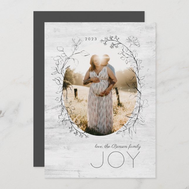 Botanical Sketch Oval Frame Gray Holiday Card (Front/Back)