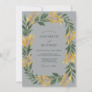 Botanical Slate Mustard Leaf Wedding Invitation