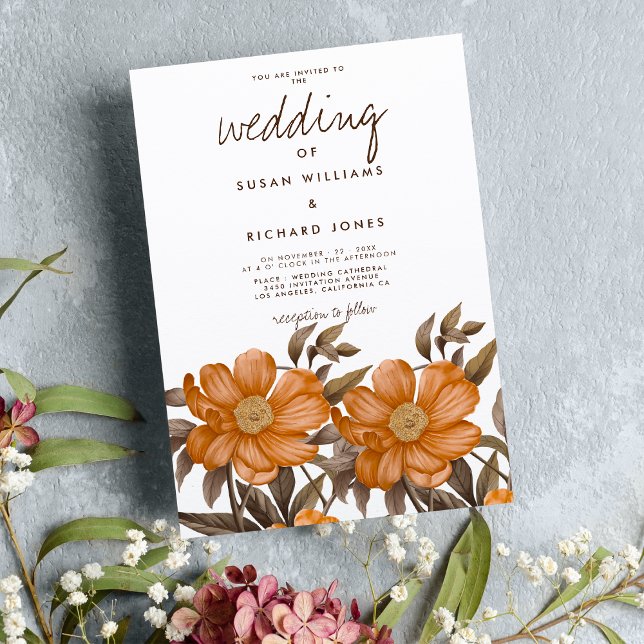 Botanical soft brown orange summer floral wedding invitation (Botanical soft brown orange summer floral wedding)