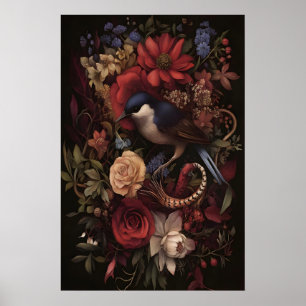 Botanical Songbird Botanical Bird Wall Art, Dark Poster