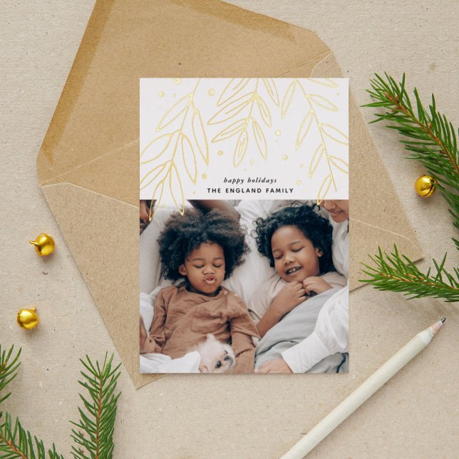 Botanical Sprigs Photo Gold Foil Holiday Card (Hand-drawn meets gold foil with these beautiful foliage springs that frame your holiday photo card.)