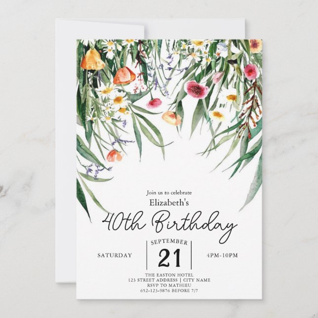 Botanical Spring Wildflowers 40th birthday Invitation (Front)