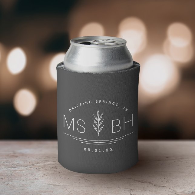 Botanical Stem Wedding Monogram | Charcoal Can Cooler (Creator Uploaded)