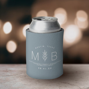 Botanical Stem Wedding Monogram   Dusty Blue Can Cooler