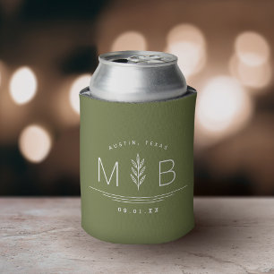 Botanical Stem Wedding Monogram   Olive Green Can Cooler
