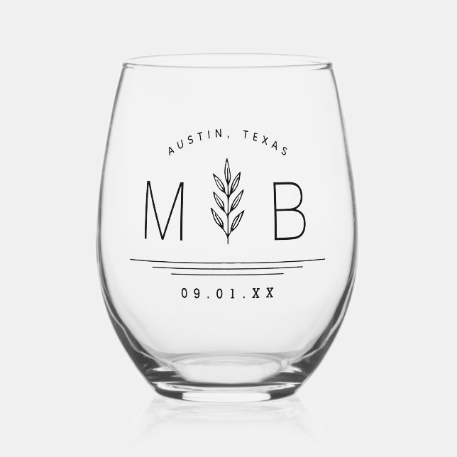 Botanical Stem Wedding Monogram Stemless Wine Glass (Front)