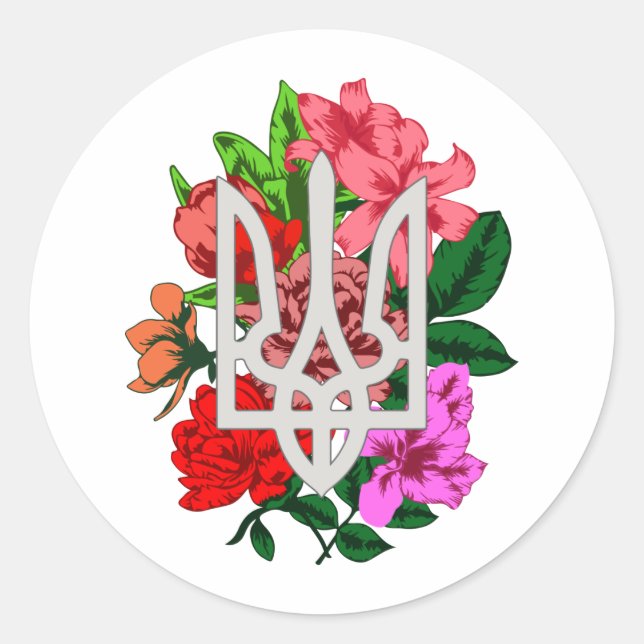 Botanical still and Ukrainian trident tryzub Classic Round Sticker (Front)