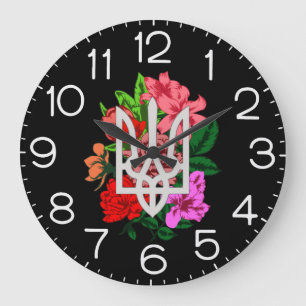 Botanical still and Ukrainian trident tryzub Large Clock