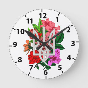 Botanical still and Ukrainian trident tryzub Round Clock
