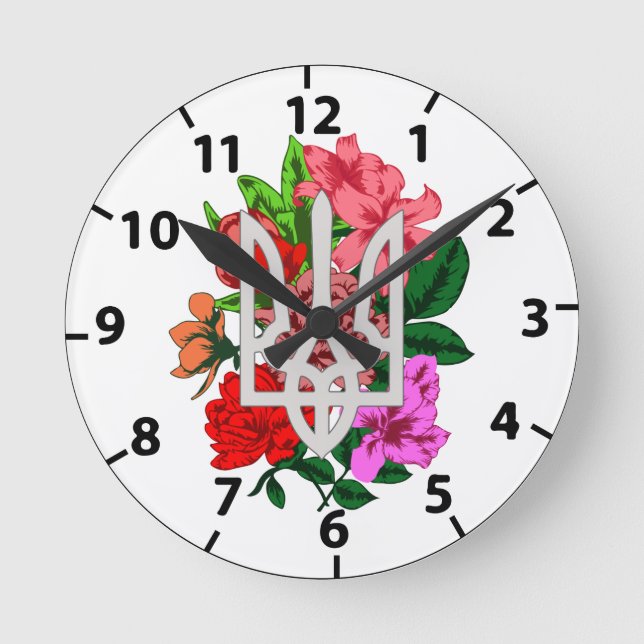 Botanical still and Ukrainian trident tryzub Round Clock (Front)