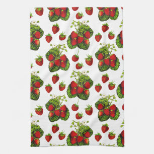 Botanical Strawberry Illustration Print on White  Tea Towel