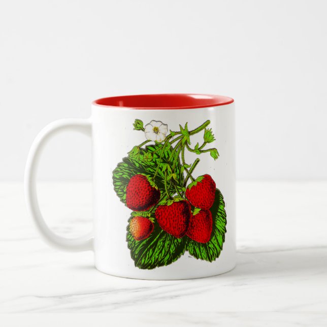 Botanical Strawberry Illustration - Red Berries Two-Tone Coffee Mug (Left)