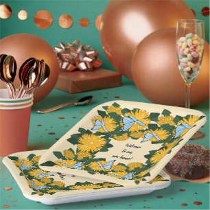 Botanical Stylised Yellow Dandelion Butterflies Paper Plate