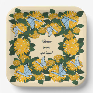 Botanical Stylised Yellow Dandelion Butterflies Paper Plate