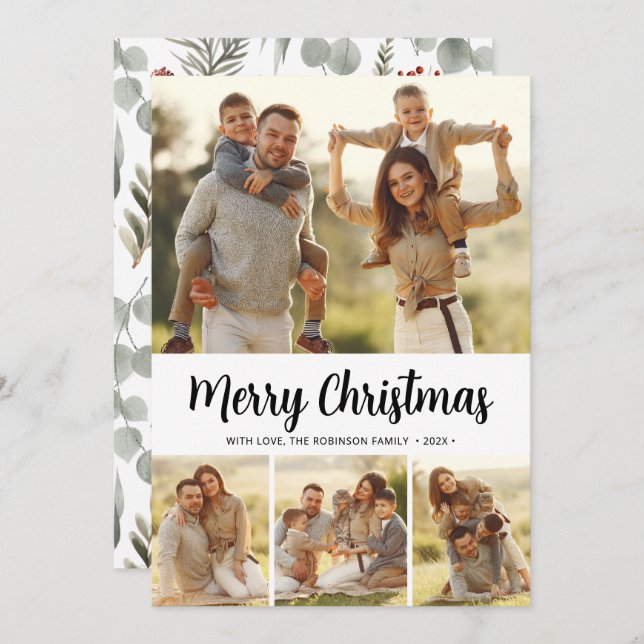  Botanical Stylish 4 Photo Collage Christmas Holiday Card (Front/Back)