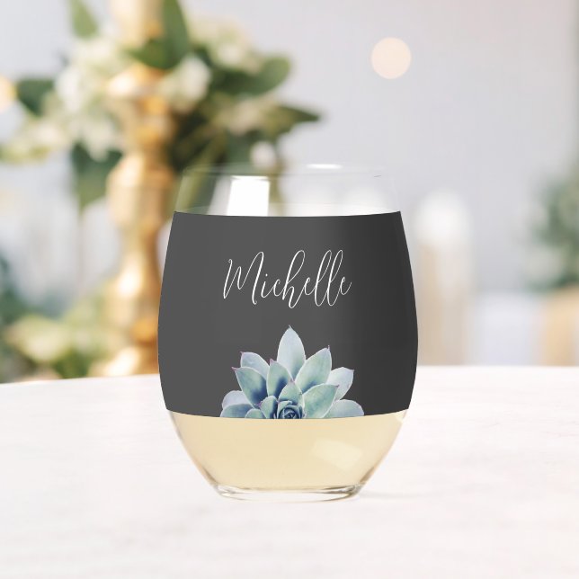 Botanical Succulent Elegant Script Classic Grey Stemless Wine Glass (Insitu (Wedding))