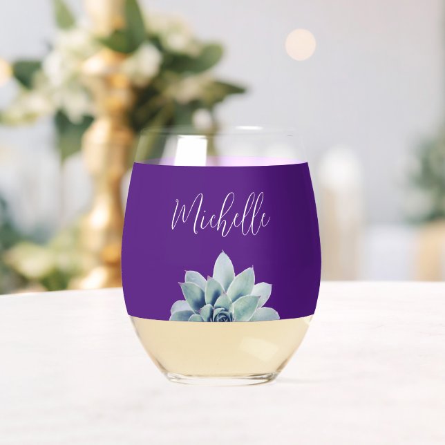 Botanical Succulent Trendy Purple Elegant Stemless Wine Glass (Insitu (Wedding))