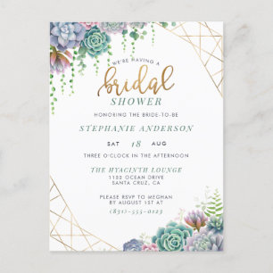 Botanical Succulents & Gold Script Bridal Shower Invitation Postcard