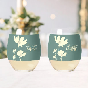 Botanical Summer Cosmos Flowers Silhouettes Stemless Wine Glass