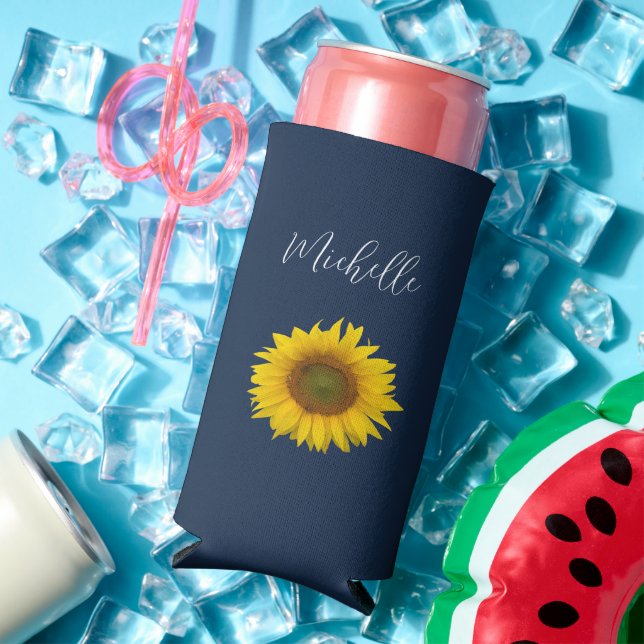 Botanical Sunflower Elegant Navy Blue  Seltzer Can Cooler (In Situ Summer)