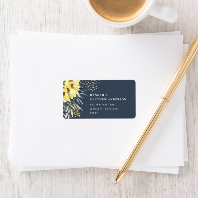 Botanical sunflower eucalyptus rustic navy blue label (Insitu)