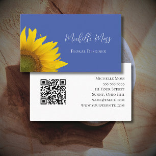 Botanical Sunflower QR code Whimsical Blue Business Card