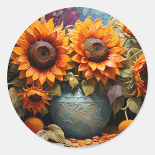 Botanical Sunflowers on Vase Classic Round Sticker