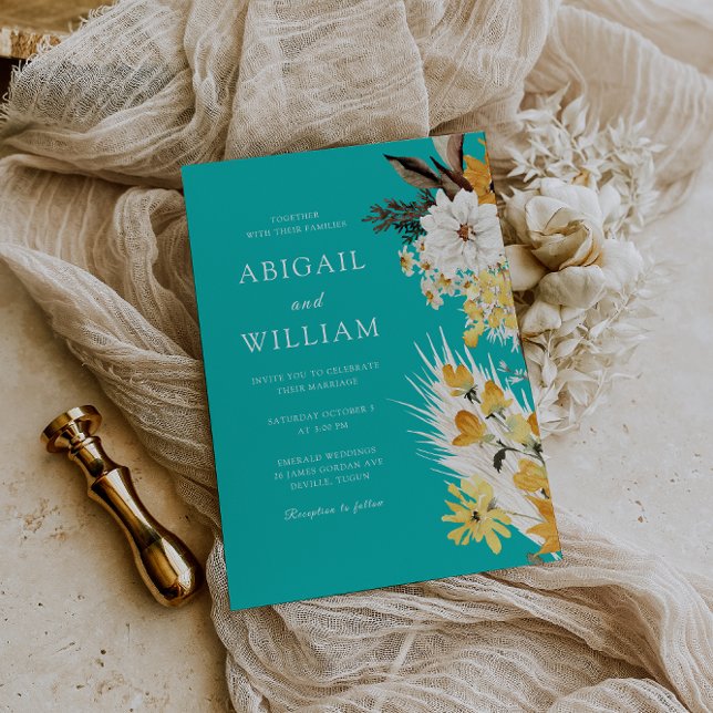 Botanical Sunshine Garden Florals Teal Wedding Invitation (Creator Uploaded)