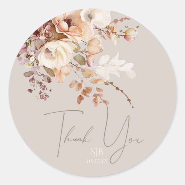 Botanical Taupe Floral Monogram Thank You Favour Classic Round Sticker (Front)