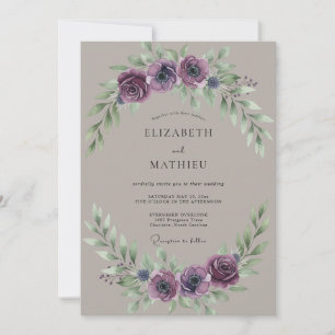 Botanical Taupe Plum Peony Wedding Invitation