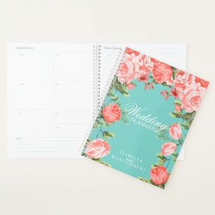 Botanical Teal and Coral Flower Wedding Planner