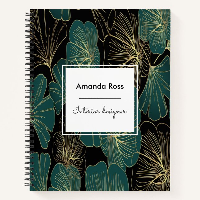 Botanical teal black flowers gold accent notebook (Front)