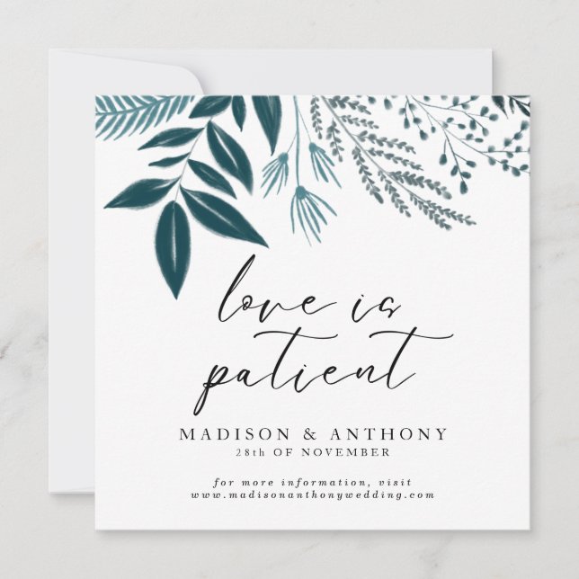 Botanical Teal Calligraphy Wedding Postponement Invitation (Front)