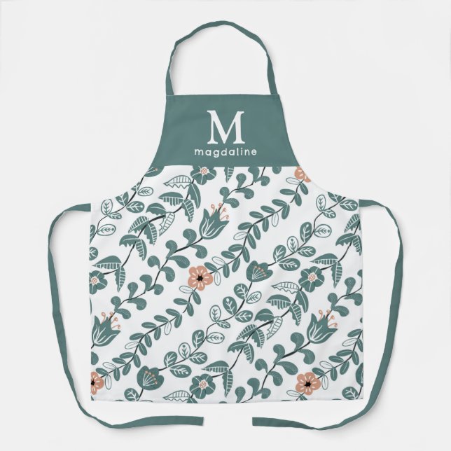  Botanical Teal Floral Pattern Name Monogram  Apron (Front)