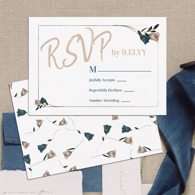Botanical Teal Green Beige Roses RSVP Advice Card (Teal, beige rose rsvp card for teal floral bat mitzvah invitations, script calligraphy reply cards)