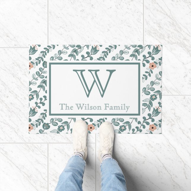 Botanical Teal Name Monogram Floral Pattern Doormat (Indoor)