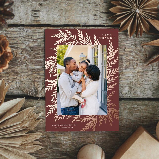 Botanical Thanksgiving Photo Burgundy Rose Gold  Foil Holiday Card (Creator Uploaded)