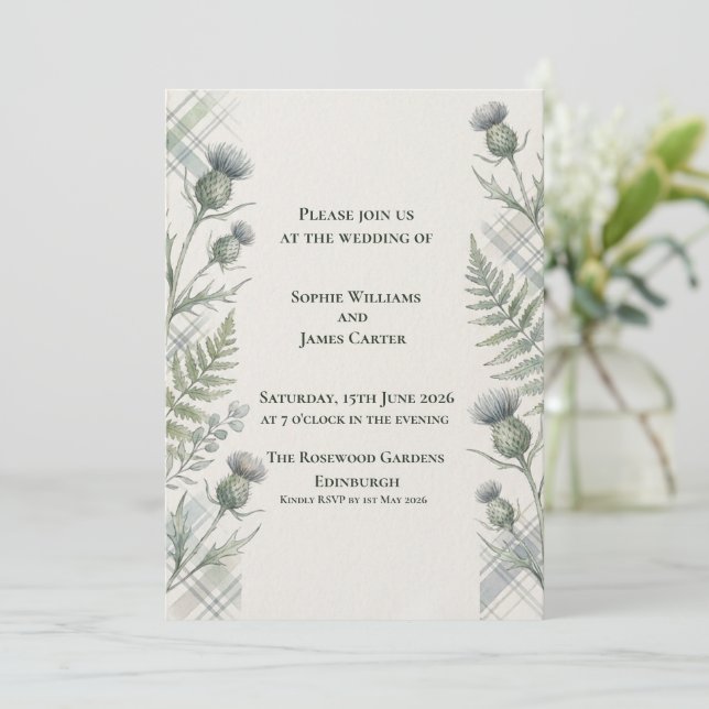 Botanical Thistle Fern Gray Tartan Scottish Weddin Invitation (Standing Front)
