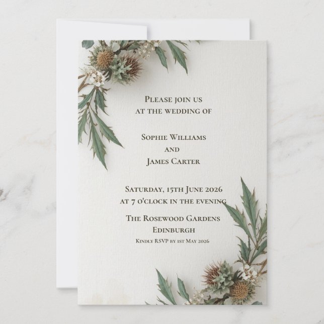 Botanical Thistle Wedding Invitation | Green White (Front)