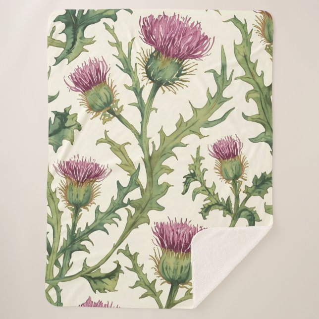 Botanical Thistle Wildflower Accent Sherpa Blanket (Front)