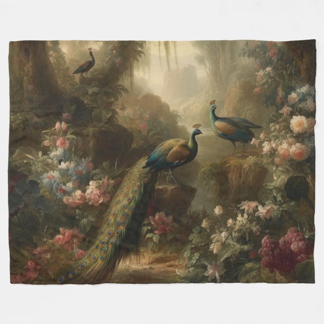 Botanical: three peacocks in English garden  Fleece Blanket (Front (Horizontal))