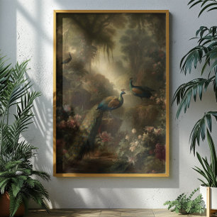 Botanical: three peacocks in English garden  Poster