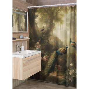 Botanical: three peacocks in English garden  Shower Curtain