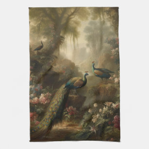 Botanical: three peacocks in English garden  Tea Towel