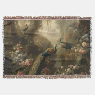 Botanical: three peacocks in English garden Throw Blanket
