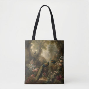 Botanical: three peacocks in English garden Tote Bag