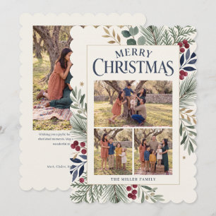 Botanical Three Photo Merry Christmas Card